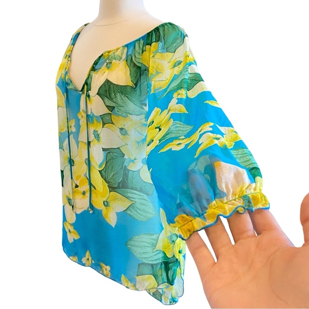 Silk Floral Hawaiian Printed Sheer Long Sleeeve Lightweight Blouse Tie Front - Picture 4 of 13
